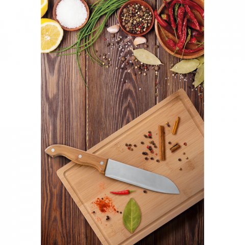 GARLIC KING. Kit churrasco em estojo de 210D com t&aacute;bua em bambu e 5 utens&iacute;lios em a&ccedil;o inox e madeira de Seringueira