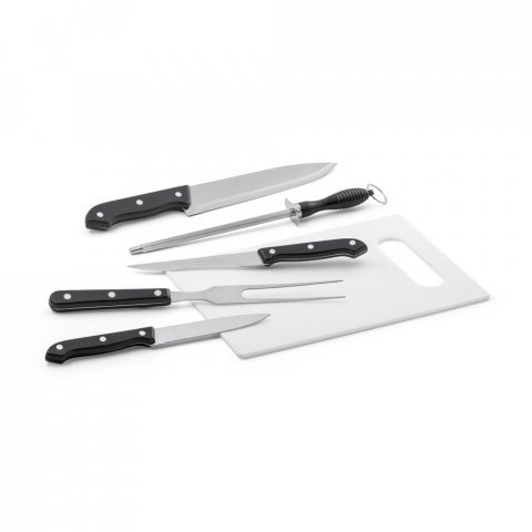 BOTALY. Kit churrasco em estojo de nylon 210D com t&aacute;bua em PP e 5 utens&iacute;lios em a&ccedil;o inox e PP - Preto