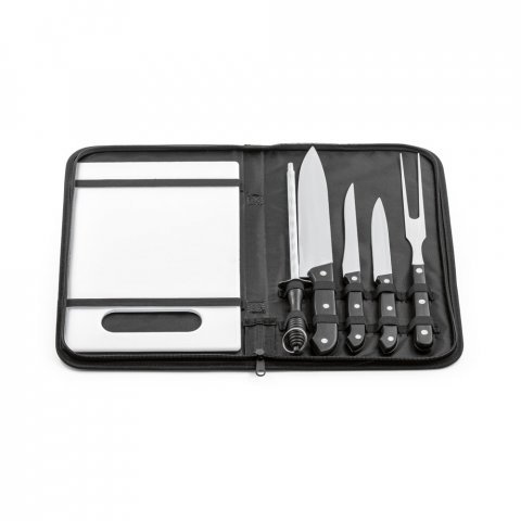 BOTALY. Kit churrasco em estojo de nylon 210D com t&aacute;bua em PP e 5 utens&iacute;lios em a&ccedil;o inox e PP - Preto
