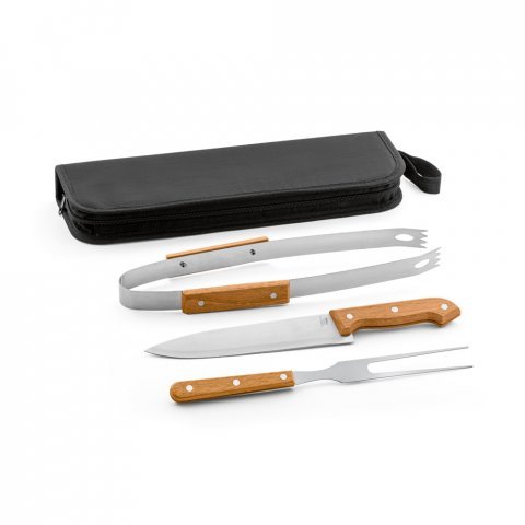 GARLIC. Kit churrasco em estojo de 210D com 3 utens&iacute;lios em a&ccedil;o inox e madeira de Seringueira - Preto