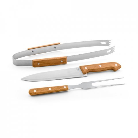 GARLIC. Kit churrasco em estojo de 210D com 3 utens&iacute;lios em a&ccedil;o inox e madeira de Seringueira - Preto