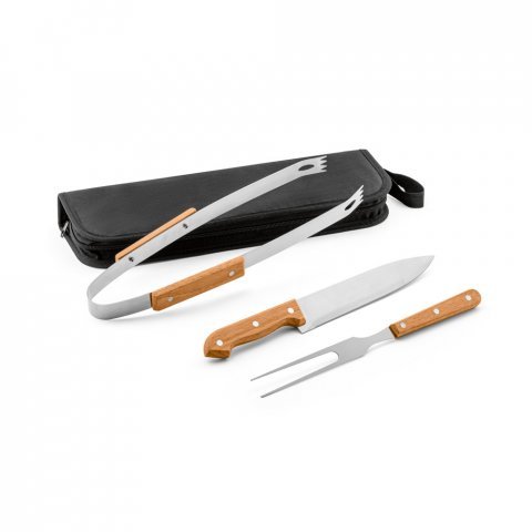 GARLIC. Kit churrasco em estojo de 210D com 3 utens&iacute;lios em a&ccedil;o inox e madeira de Seringueira - Preto