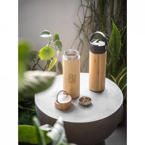 SOW. Garrafa em a&ccedil;o inox e bambu de parede dupla t&eacute;rmica, isolada a v&aacute;cuo (440 mL)
