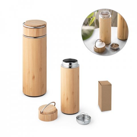SOW. Garrafa em a&ccedil;o inox e bambu de parede dupla t&eacute;rmica, isolada a v&aacute;cuo (440 mL)