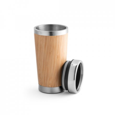 PIETRO. Copo de viagem em a&ccedil;o inox e bambu, t&eacute;rmico com parede dupla isolada a ar (500 mL) - Natural