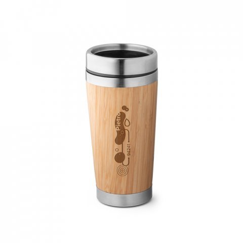 PIETRO. Copo de viagem em a&ccedil;o inox e bambu, t&eacute;rmico com parede dupla isolada a ar (500 mL) - Natural