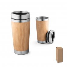 PIETRO. Copo de viagem t&eacute;rmico em a&ccedil;o inox e bambu, de parede dupla isolada a ar (500 mL)