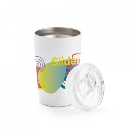 SLIDER. Copo de viagem para sublima&ccedil;&atilde;o em a&ccedil;o inox de parede dupla t&eacute;rmica, isolada a v&aacute;cuo (380 mL) - Branco