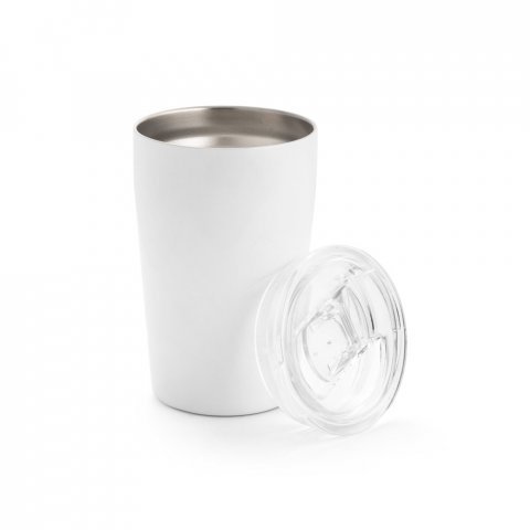 SLIDER. Copo de viagem para sublima&ccedil;&atilde;o em a&ccedil;o inox de parede dupla t&eacute;rmica, isolada a v&aacute;cuo (380 mL) - Branco
