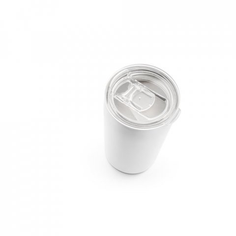 SLIDER. Copo de viagem para sublima&ccedil;&atilde;o em a&ccedil;o inox de parede dupla t&eacute;rmica, isolada a v&aacute;cuo (380 mL) - Branco