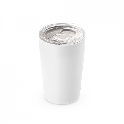 SLIDER. Copo de viagem para sublima&ccedil;&atilde;o em a&ccedil;o inox de parede dupla t&eacute;rmica, isolada a v&aacute;cuo (380 mL) - Branco