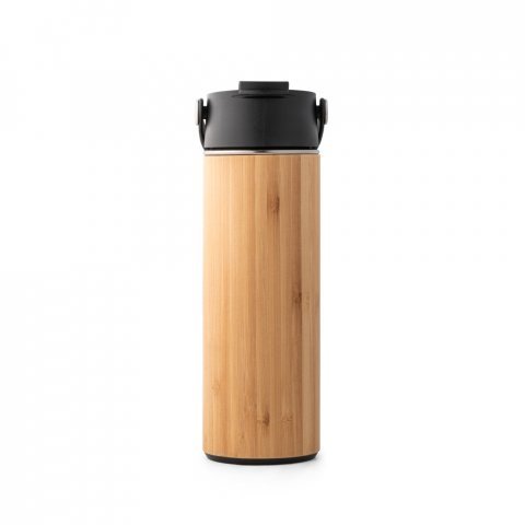 LAVER. Garrafa em a&ccedil;o inox e bambu de parede dupla t&eacute;rmica, isolada a v&aacute;cuo (440 mL) - Preto
