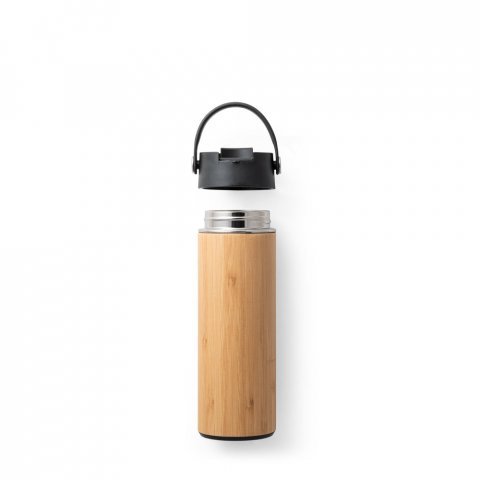 LAVER. Garrafa em a&ccedil;o inox e bambu de parede dupla t&eacute;rmica, isolada a v&aacute;cuo (440 mL) - Preto