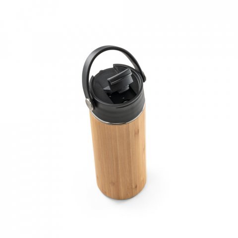 LAVER. Garrafa em a&ccedil;o inox e bambu de parede dupla t&eacute;rmica, isolada a v&aacute;cuo (440 mL) - Preto