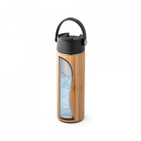 LAVER. Garrafa em a&ccedil;o inox e bambu de parede dupla t&eacute;rmica, isolada a v&aacute;cuo (440 mL) - Preto