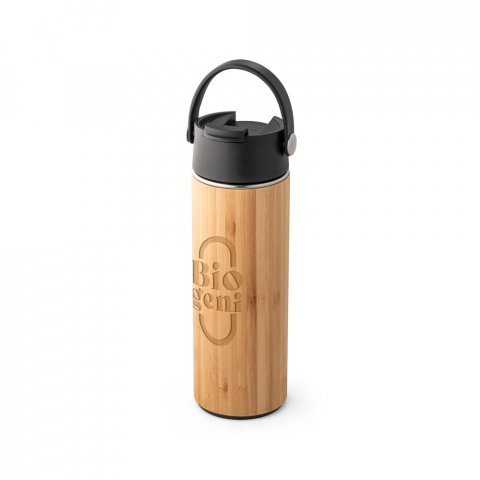 LAVER. Garrafa em a&ccedil;o inox e bambu de parede dupla t&eacute;rmica, isolada a v&aacute;cuo (440 mL) - Preto