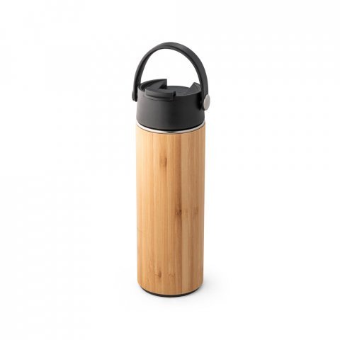 LAVER. Garrafa em a&ccedil;o inox e bambu de parede dupla t&eacute;rmica, isolada a v&aacute;cuo (440 mL) - Preto
