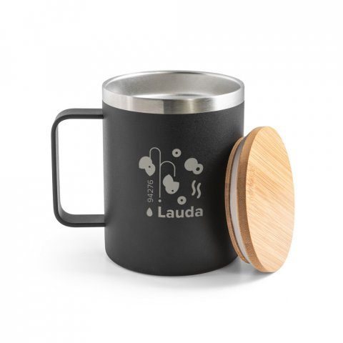 LAUDA. Copo de viagem em a&ccedil;o inox 90% reciclado, t&eacute;rmico com parede dupla isolada a v&aacute;cuo (420 mL) - Preto