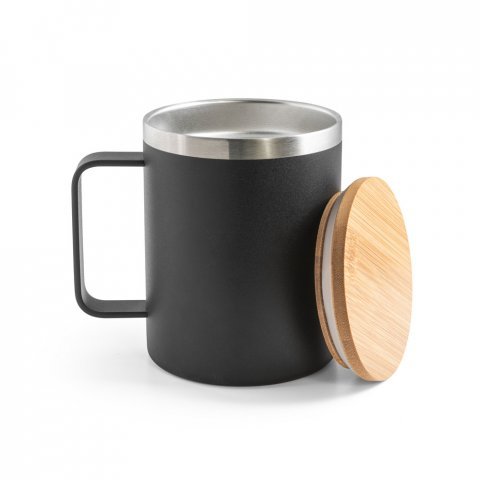 LAUDA. Copo de viagem em a&ccedil;o inox 90% reciclado, t&eacute;rmico com parede dupla isolada a v&aacute;cuo (420 mL) - Preto