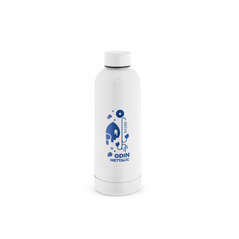 ODIN METTALIC. Garrafa em a&ccedil;o inox 90% reciclado de parede dupla t&eacute;rmica, isolada a v&aacute;cuo (550 mL) - Branco