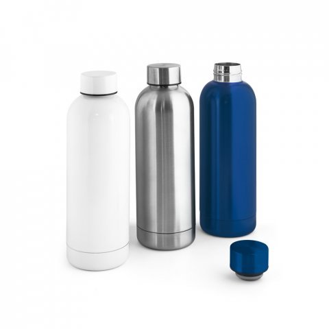 ODIN METTALIC. Garrafa em a&ccedil;o inox 90% reciclado de parede dupla t&eacute;rmica, isolada a v&aacute;cuo (550 mL)