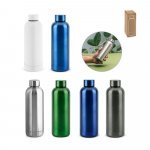 ODIN METTALIC. Garrafa em a&ccedil;o inox 90% reciclado de parede dupla t&eacute;rmica, isolada a v&aacute;cuo (550 mL)