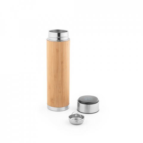 JOSHUA. Garrafa em a&ccedil;o inox e bambu de parede dupla t&eacute;rmica, isolada a v&aacute;cuo com term&oacute;metro digital (430 mL) - Natural