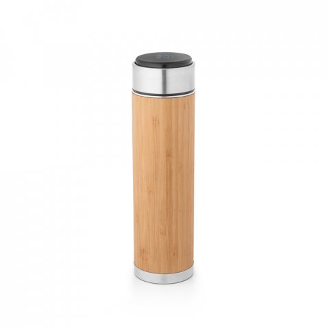 JOSHUA. Garrafa em a&ccedil;o inox e bambu de parede dupla t&eacute;rmica, isolada a v&aacute;cuo com term&oacute;metro digital (430 mL) - Natural