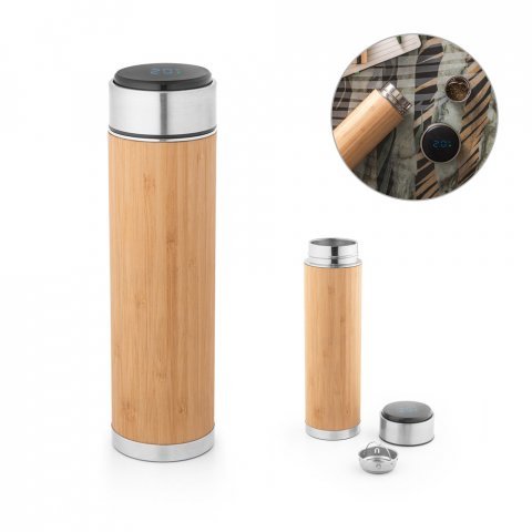 JOSHUA. Garrafa em a&ccedil;o inox e bambu de parede dupla t&eacute;rmica, isolada a v&aacute;cuo com term&oacute;metro digital (430 mL)