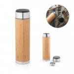 JOSHUA. Garrafa em a&ccedil;o inox e bambu de parede dupla t&eacute;rmica, isolada a v&aacute;cuo com term&oacute;metro digital (430 mL)