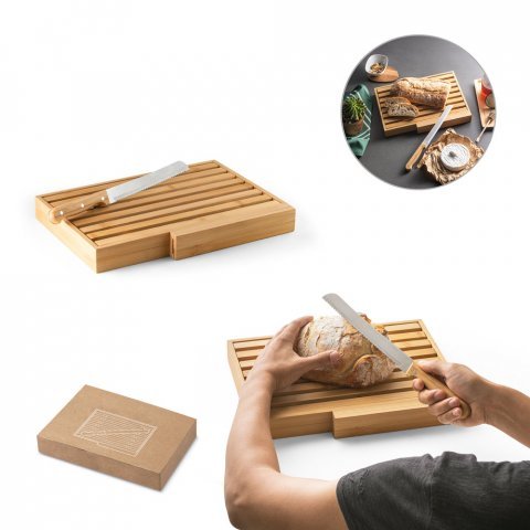 PASSARD. T&aacute;bua para p&atilde;o em bambu com faca em a&ccedil;o inox