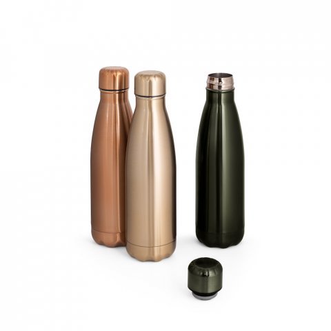 SHOW METALLIC. Garrafa em a&ccedil;o inox de parede dupla t&eacute;rmica, isolada a v&aacute;cuo com acabamento metalizado (510 mL)