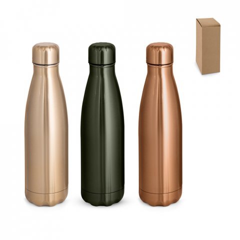 SHOW METALLIC. Garrafa em a&ccedil;o inox de parede dupla t&eacute;rmica, isolada a v&aacute;cuo com acabamento metalizado (510 mL)