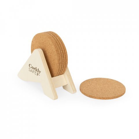 PLYCORK. Porta copos em madeira com 6 bases para copos em corti&ccedil;a - Natural