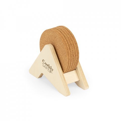 PLYCORK. Porta copos em madeira com 6 bases para copos em corti&ccedil;a - Natural