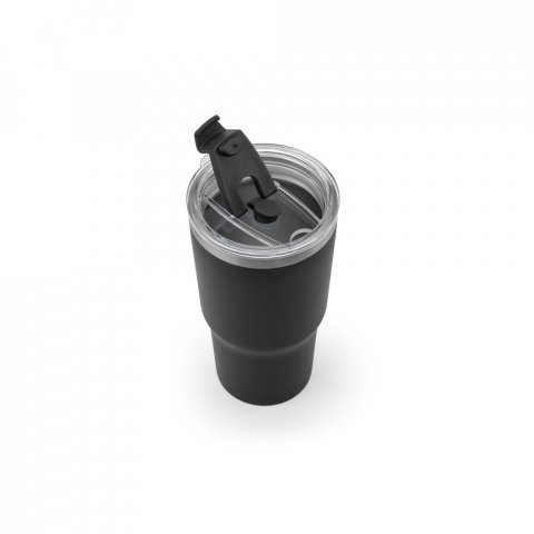 JOYNER M. Copo de viagem compacto em a&ccedil;o inox 91% reciclado com parede dupla isolada a v&aacute;cuo com acabamento mate (600 mL) - Preto