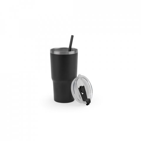 JOYNER M. Copo de viagem compacto em a&ccedil;o inox 91% reciclado com parede dupla isolada a v&aacute;cuo com acabamento mate (600 mL) - Preto