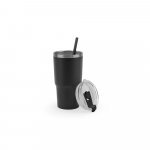 JOYNER M. Copo de viagem compacto em a&ccedil;o inox 91% reciclado com parede dupla isolada a v&aacute;cuo com acabamento mate (600 mL) - Preto