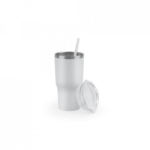 JOYNER M. Copo de viagem compacto em a&ccedil;o inox 91% reciclado com parede dupla isolada a v&aacute;cuo com acabamento mate (600 mL) - Branco