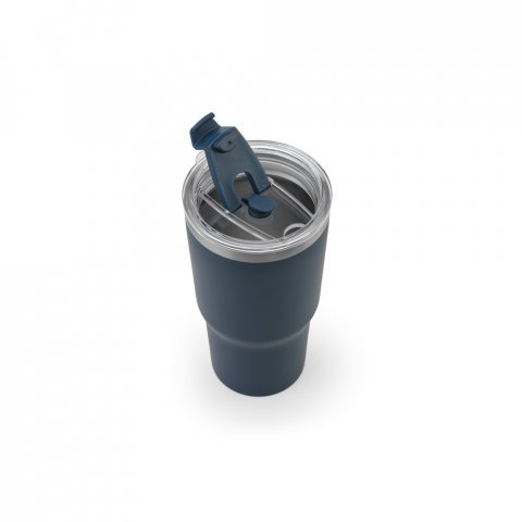 JOYNER M. Copo de viagem compacto em a&ccedil;o inox 91% reciclado com parede dupla isolada a v&aacute;cuo com acabamento mate (600 mL) - Azul marinho