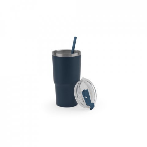 JOYNER M. Copo de viagem compacto em a&ccedil;o inox 91% reciclado com parede dupla isolada a v&aacute;cuo com acabamento mate (600 mL) - Azul marinho
