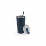 JOYNER M. Copo de viagem compacto em a&ccedil;o inox 91% reciclado com parede dupla isolada a v&aacute;cuo com acabamento mate (600 mL) - Azul marinho
