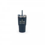 JOYNER M. Copo de viagem compacto em a&ccedil;o inox 91% reciclado com parede dupla isolada a v&aacute;cuo com acabamento mate (600 mL) - Azul marinho