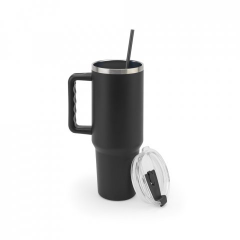 JOYNER XL. Copo de viagem de grande dimens&atilde;o em a&ccedil;o inoxid&aacute;vel 91% reciclado com parede dupla isolada (1300 mL) - Preto