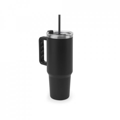 JOYNER XL. Copo de viagem de grande dimens&atilde;o em a&ccedil;o inoxid&aacute;vel 91% reciclado com parede dupla isolada (1300 mL) - Preto