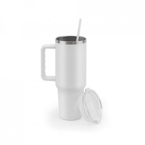 JOYNER XL. Copo de viagem de grande dimens&atilde;o em a&ccedil;o inoxid&aacute;vel 91% reciclado com parede dupla isolada (1300 mL) - Branco