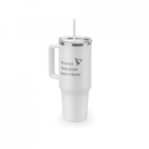 JOYNER XL. Copo de viagem de grande dimens&atilde;o em a&ccedil;o inoxid&aacute;vel 91% reciclado com parede dupla isolada (1300 mL) - Branco