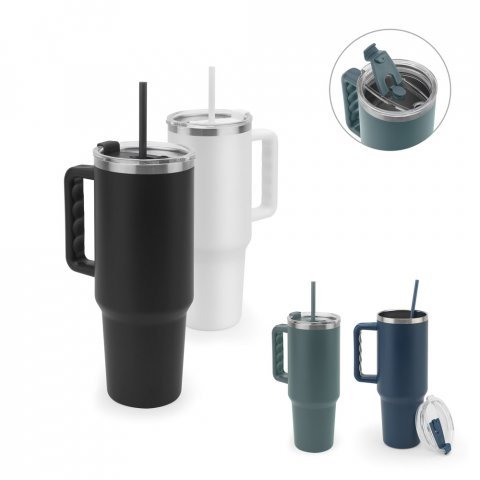 JOYNER XL. Copo de viagem de grande dimens&atilde;o em a&ccedil;o inoxid&aacute;vel 91% reciclado com parede dupla isolada (1300 mL)