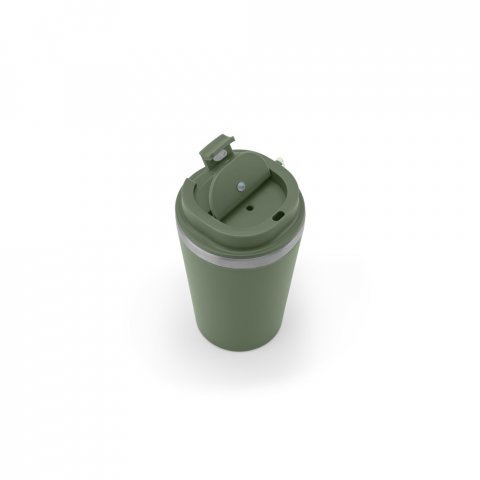 SPITZ. Copo de viagem em a&ccedil;o inox 90% reciclado com parede dupla com acabamento em mate (440 mL) - Verde tropa
