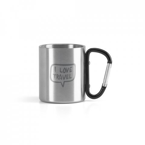 WINGS. Caneca em a&ccedil;o inox, com pega em forma e fun&ccedil;&atilde;o de mosquet&atilde;o (230 mL) - Preto